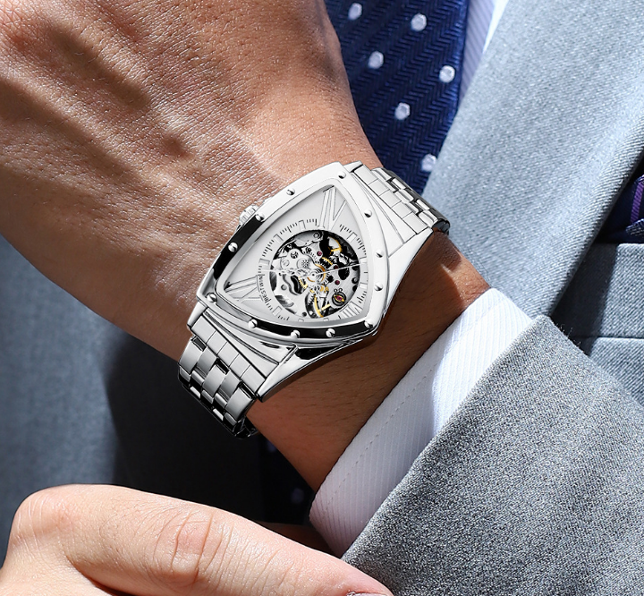 Mens triangle skeleton automatic mechanical waterproof wristwatch