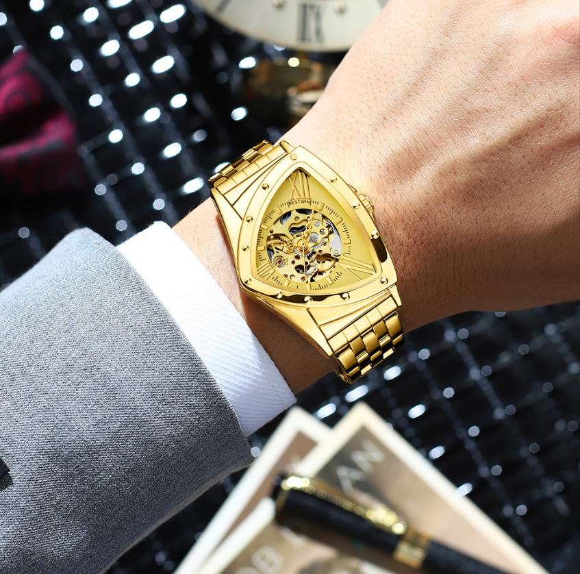 Mens triangle skeleton automatic mechanical waterproof wristwatch