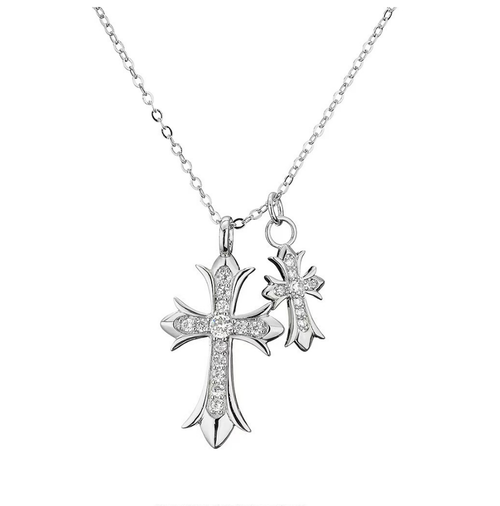 Diamond studded double cross necklace punk choker niche design unisex