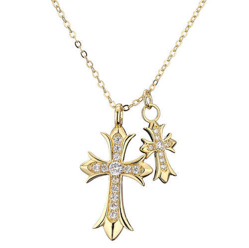 Diamond studded double cross necklace punk choker niche design unisex