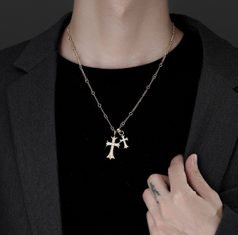 Diamond studded double cross necklace punk choker niche design unisex