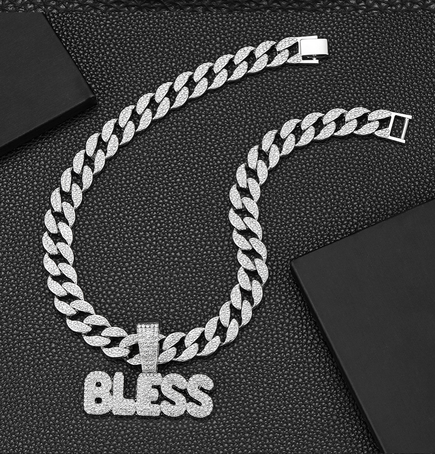Hip hop BLESS pendant necklace full rhinestone cuban chain streetwear