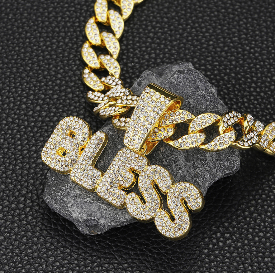 Hip hop BLESS pendant necklace full rhinestone cuban chain streetwear