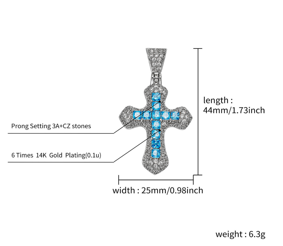 Cross-shaped pendant with blue stones and gold plating, shown with measurements on a white background.