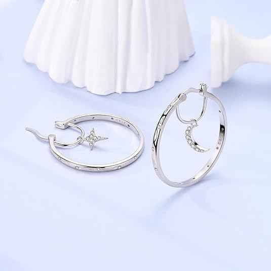 Star & Moon Hoop Earrings – 925 Sterling Silver Hypoallergenic Lightweight Earrings for Men & Women