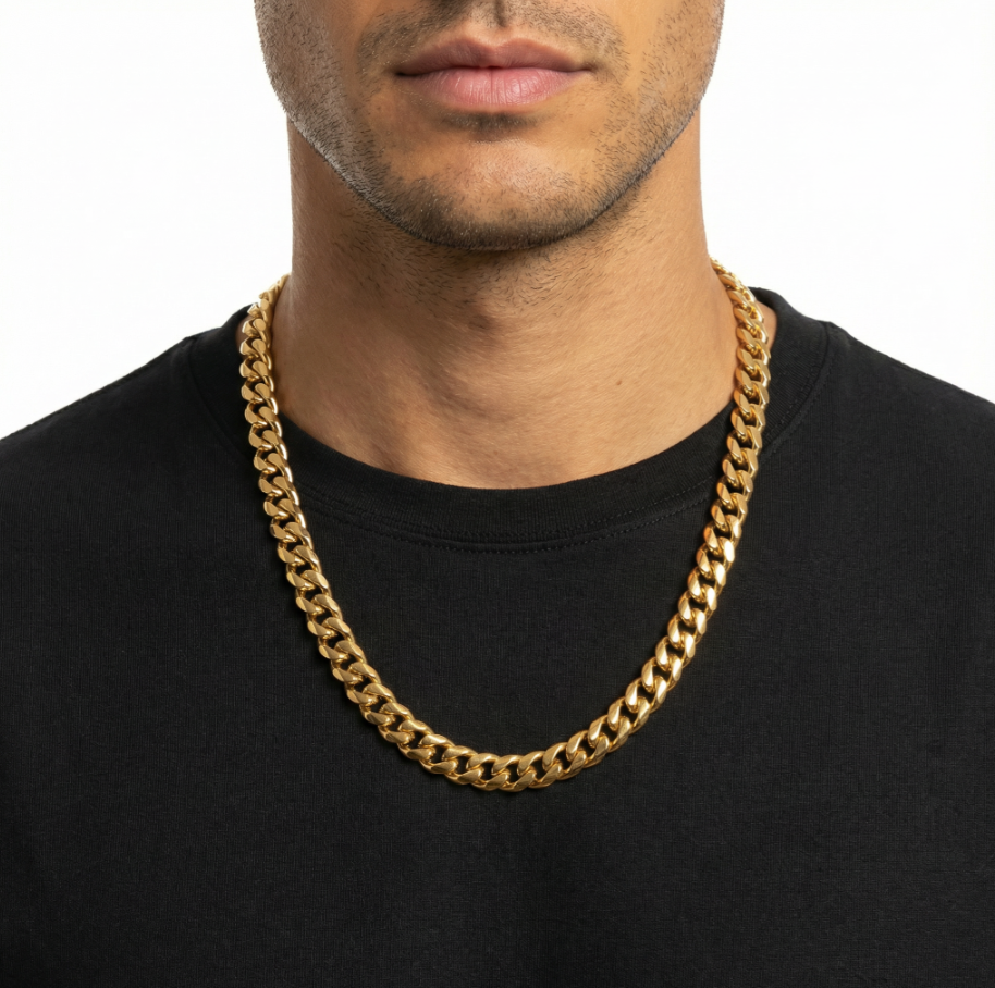 Men’s cuban link chain necklace square buckle titanium steel hip hop style