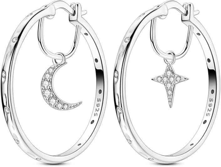Star & Moon Hoop Earrings – 925 Sterling Silver Hypoallergenic Lightweight Earrings for Men & Women
