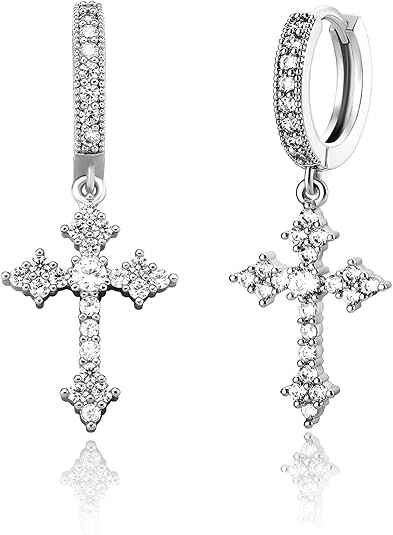 Cross Hoop Dangle Earrings – 14K Gold Plated 5A+ CZ Sterling Silver Drop Earrings for Men & Women