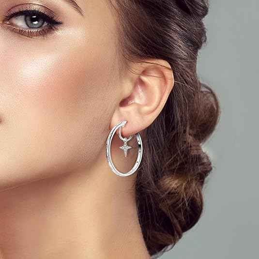 Star & Moon Hoop Earrings – 925 Sterling Silver Hypoallergenic Lightweight Earrings for Men & Women