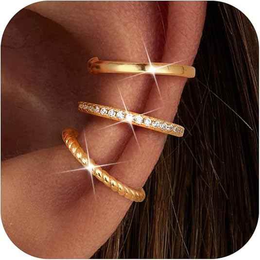 3PCS Ear Cuffs Non-Piercing – 14K Gold Plated & Sterling Silver CZ Clip-On Cartilage Earrings for Men & Women