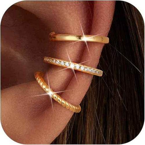 3PCS Ear Cuffs Non-Piercing – 14K Gold Plated & Sterling Silver CZ Clip-On Cartilage Earrings for Men & Women