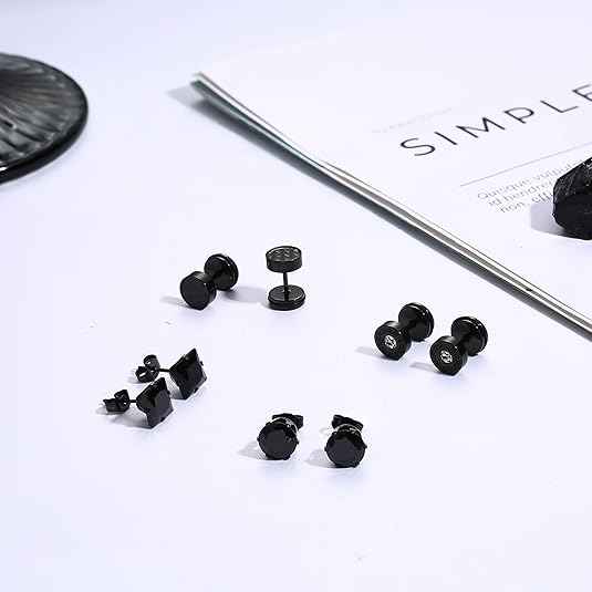 8 Pairs Black CZ Stud Earrings Set – Stainless Steel Silver Cubic Zirconia Barbell Studs for Men & Women