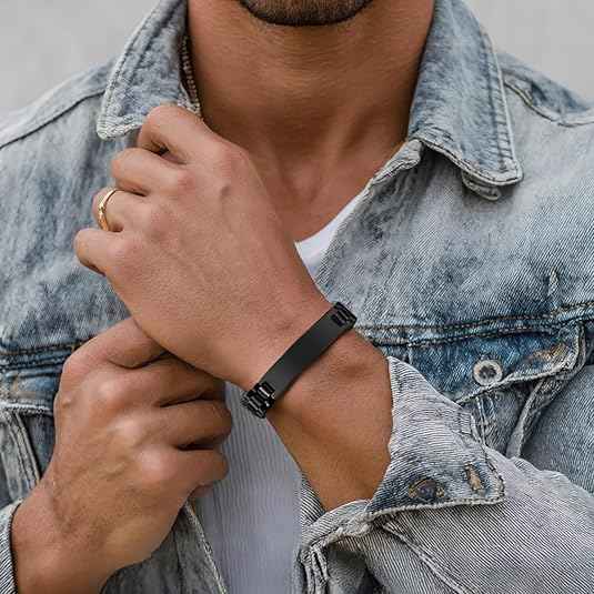 Personalized ID Bracelet for Men – Stainless Steel, 18K Gold & Black Plated Chunky Engraved Wristband Bangle