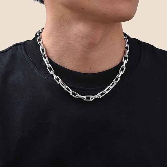 Silver Paperclip Necklace for Men – Diamond-Cut Chunky Stainless Steel Anchor Link Chain Hip Hop Jewelry (18–24 Inch)