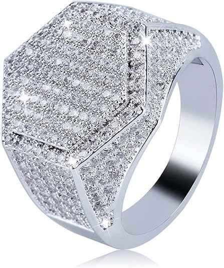 Men’s Iced Out CZ Hexagon Pinky Ring – 18K Gold Plated Hip Hop Bling Ring