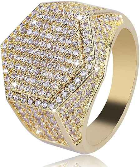 Men’s Iced Out CZ Hexagon Pinky Ring – 18K Gold Plated Hip Hop Bling Ring