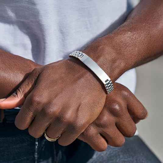 Personalized ID Bracelet for Men – Stainless Steel, 18K Gold & Black Plated Chunky Engraved Wristband Bangle