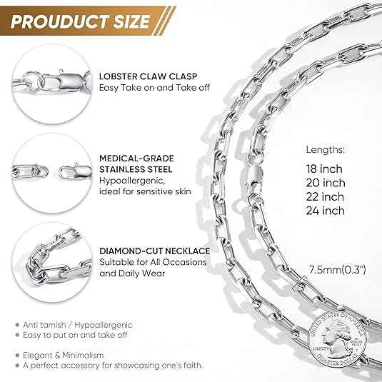 Silver Paperclip Necklace for Men – Diamond-Cut Chunky Stainless Steel Anchor Link Chain Hip Hop Jewelry (18–24 Inch)