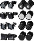8 Pairs Black CZ Stud Earrings Set – Stainless Steel Silver Cubic Zirconia Barbell Studs for Men & Women