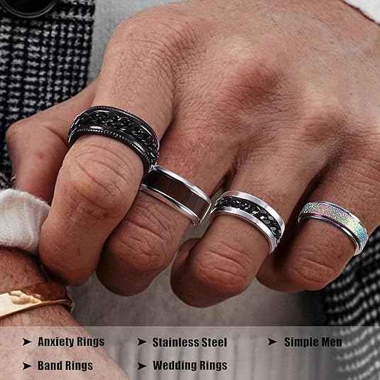 16PCS Stainless Steel Fidget Ring Set – Spinner Chain Band Stress & Anxiety Relief Rings for Men & Women