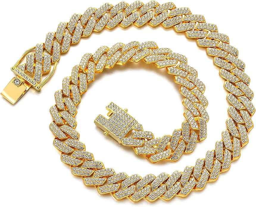 Iced Out Cuban Link Chain – Miami Cuban Necklace Silver & Gold Bling Hip Hop Jewelry for Men & Women