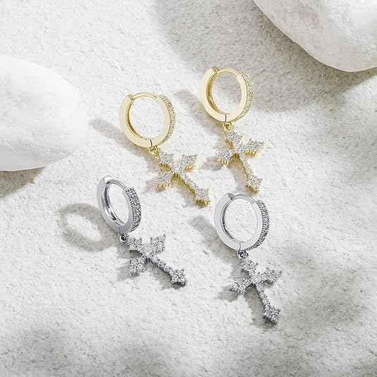 Cross Hoop Dangle Earrings – 14K Gold Plated 5A+ CZ Sterling Silver Drop Earrings for Men & Women