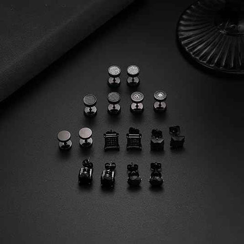 8 Pairs Black CZ Stud Earrings Set – Stainless Steel Silver Cubic Zirconia Barbell Studs for Men & Women