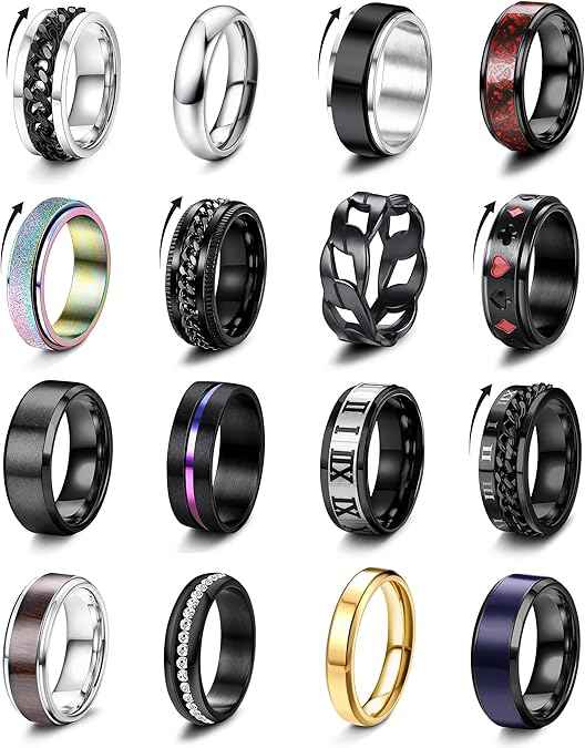 16PCS Stainless Steel Fidget Ring Set – Spinner Chain Band Stress & Anxiety Relief Rings for Men & Women