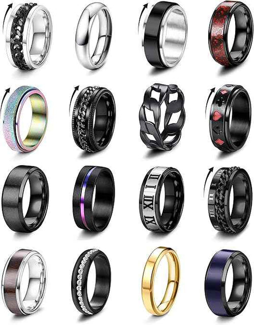 16PCS Stainless Steel Fidget Ring Set – Spinner Chain Band Stress & Anxiety Relief Rings for Men & Women