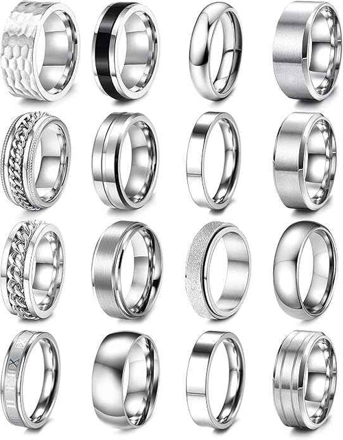 16PCS Stainless Steel Ring Set for Men & Women – Cool Band Rings for Street & Hip Hop Style