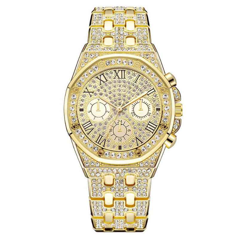 Diamond Iced Out Watch – 40mm Gold Plated CZ Roman Numeral Quartz Watch for Men & Women