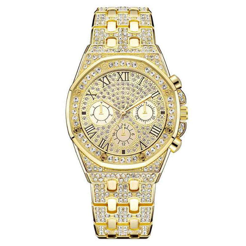 Diamond Iced Out Watch – 40mm Gold Plated CZ Roman Numeral Quartz Watch for Men & Women
