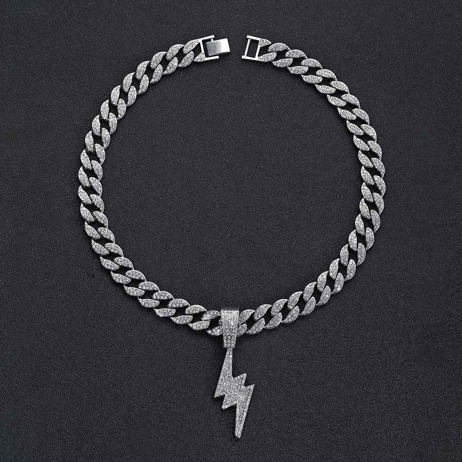 Iced-Out Lightning Pendant Necklace for Men – Full Diamond Cuban Link Hip Hop Chain