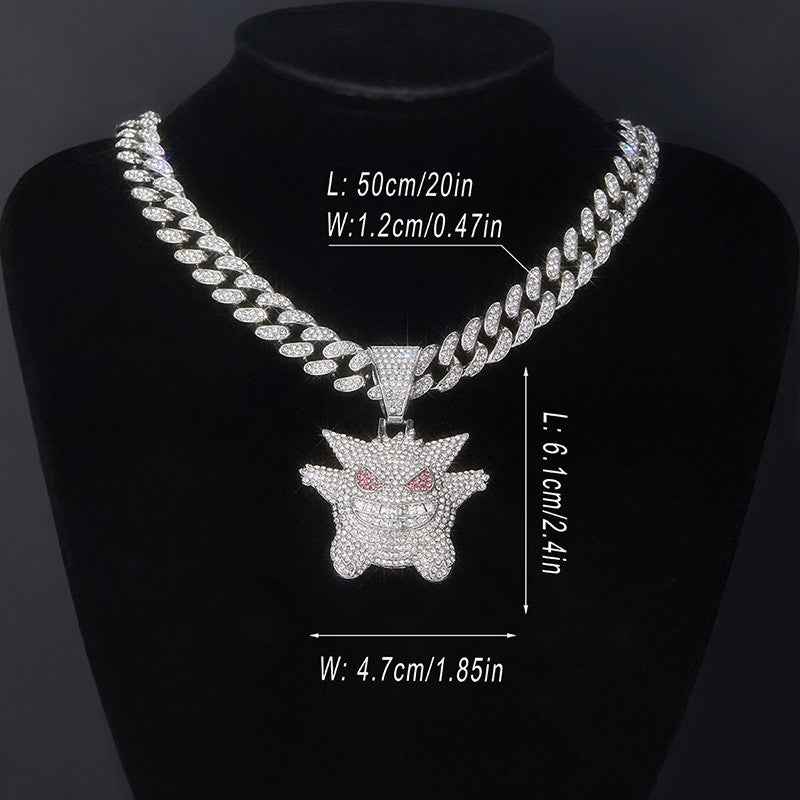 Hip Hop Gengar Pendant Necklace – Full Rhinestone Cuban Chain Streetwear Jewelry