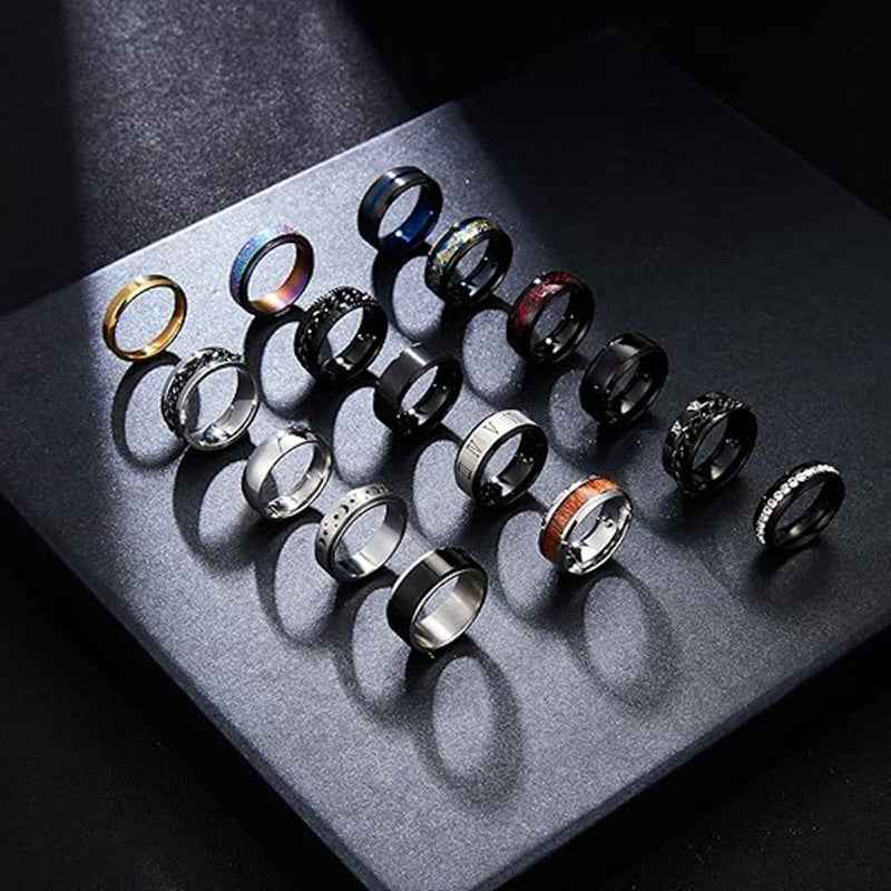 16PCS Stainless Steel Fidget Ring Set – Spinner Chain Band Stress & Anxiety Relief Rings for Men & Women