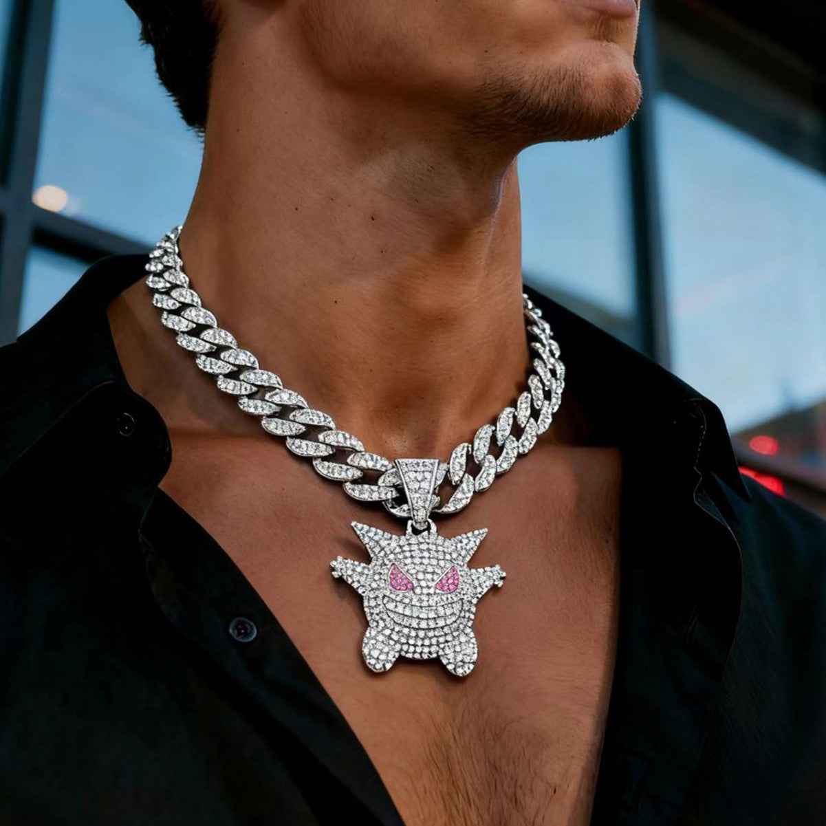 Hip Hop Gengar Pendant Necklace – Full Rhinestone Cuban Chain Streetwear Jewelry