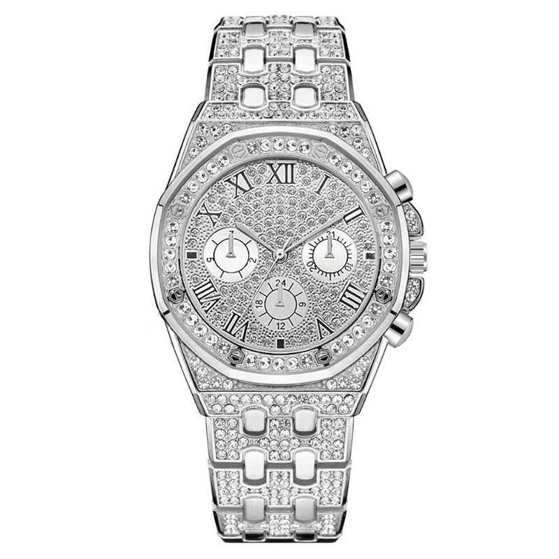 Diamond Iced Out Watch – 40mm Gold Plated CZ Roman Numeral Quartz Watch for Men & Women