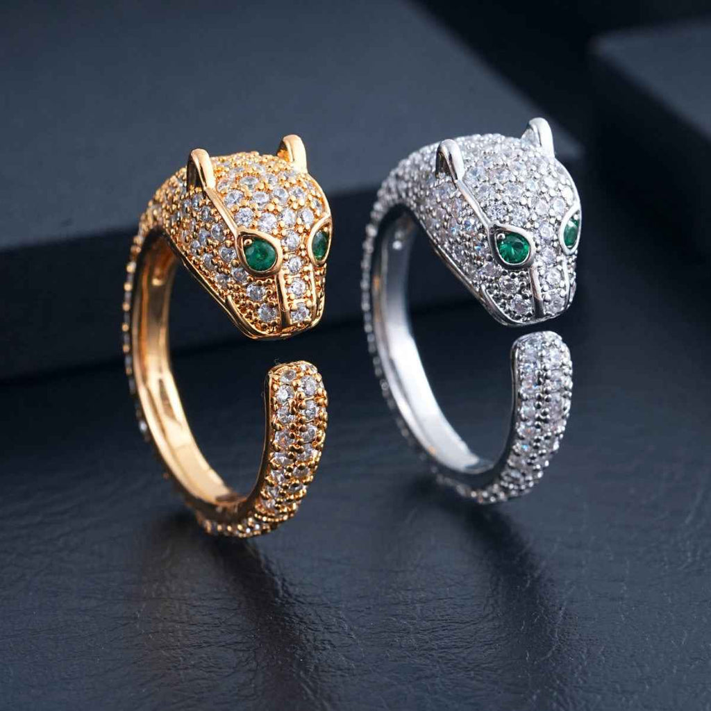 Unisex 18K Gold Plated Leopard Head Ring with Cat’s Eye Stone – Open Hip Hop Statement Ring