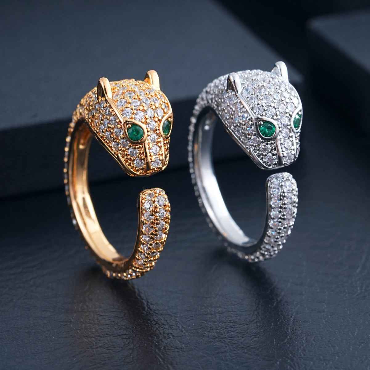 Unisex 18K Gold Plated Leopard Head Ring with Cat’s Eye Stone – Open Hip Hop Statement Ring