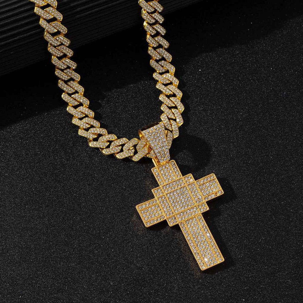 Hip Hop Cross Pendant Necklace – Vintage Cuban Link Alloy Rope Chain with Full Diamond Bling