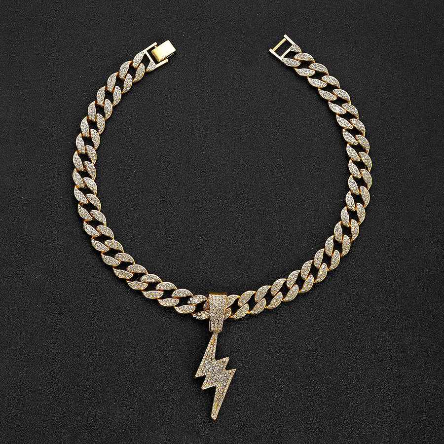 Iced-Out Lightning Pendant Necklace for Men – Full Diamond Cuban Link Hip Hop Chain