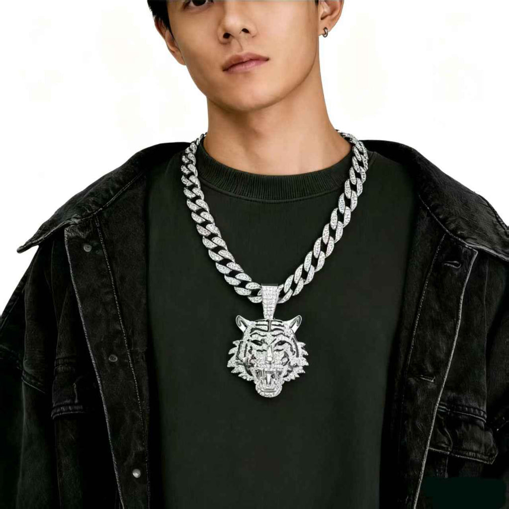 Full Diamond Tiger Pendant Necklace for Men – 3D Alloy Cuban Chain Hip Hop Jewelry