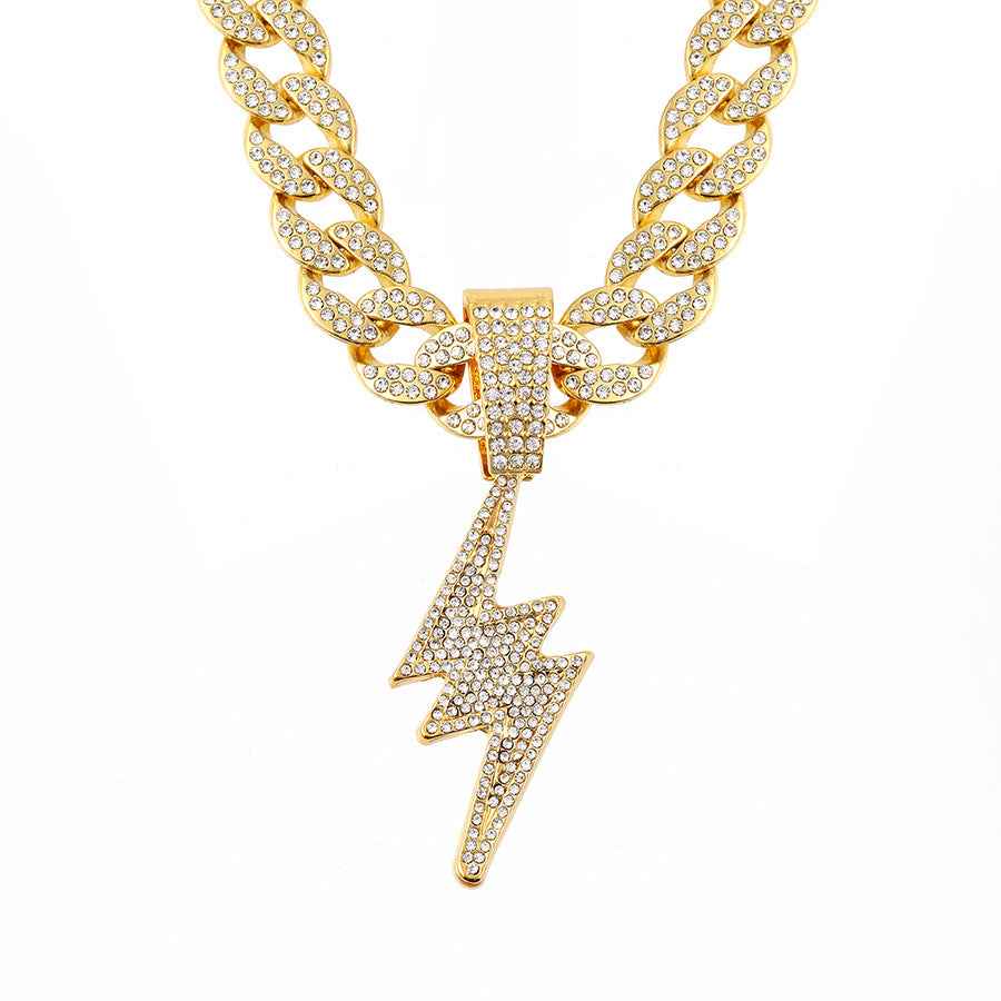 Iced-Out Lightning Pendant Necklace for Men – Full Diamond Cuban Link Hip Hop Chain