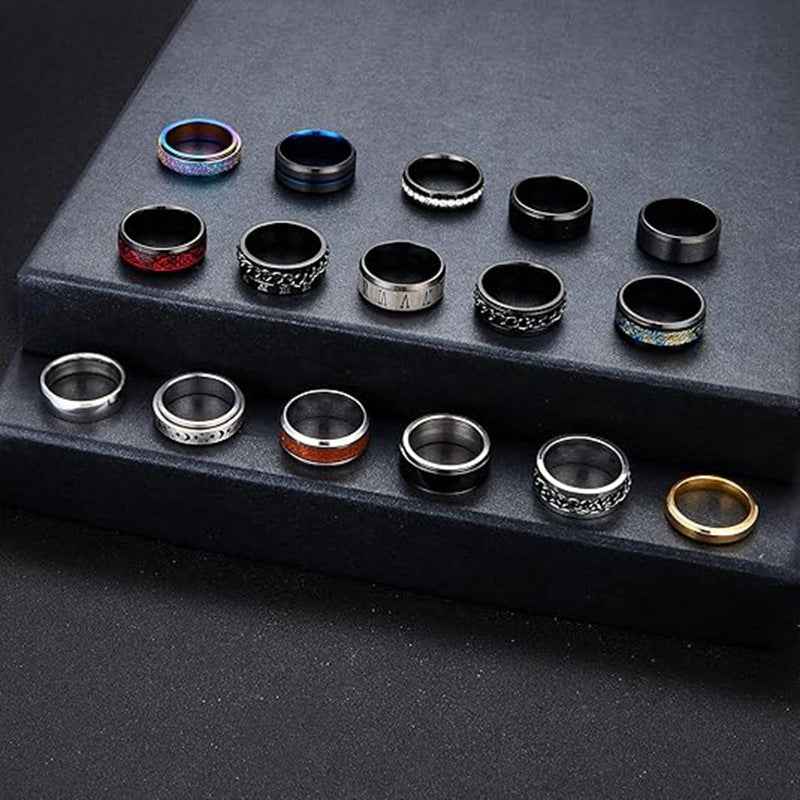 16PCS Stainless Steel Fidget Ring Set – Spinner Chain Band Stress & Anxiety Relief Rings for Men & Women