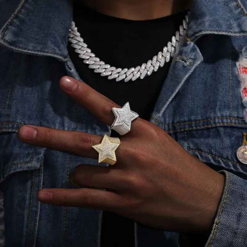 Men’s Hip Hop Five-Point Star Ring – Iced Out Rhinestone Stainless Steel Statement Ring