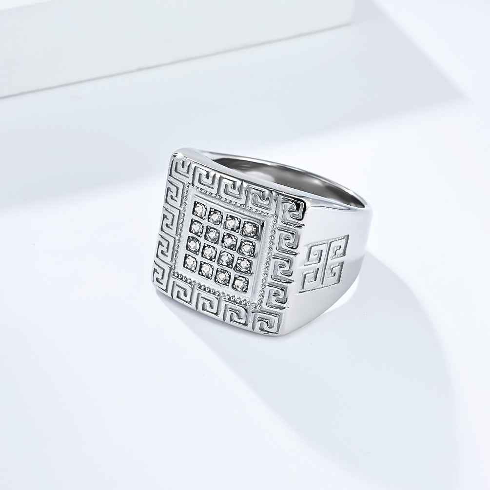 Men’s 18K Gold Plated Titanium Steel Ring – Full Diamond Great Wall Pattern Hip Hop Accessory