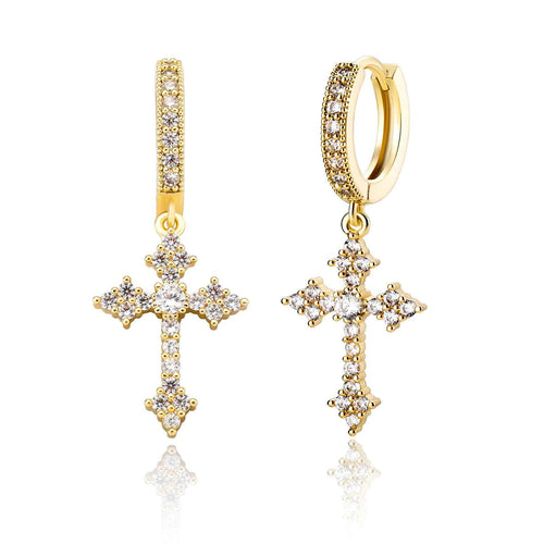 Cross Hoop Dangle Earrings – 14K Gold Plated 5A+ CZ Sterling Silver Drop Earrings for Men & Women