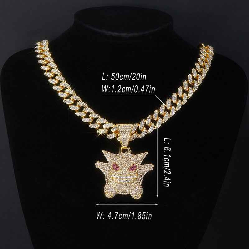 Hip Hop Gengar Pendant Necklace – Full Rhinestone Cuban Chain Streetwear Jewelry
