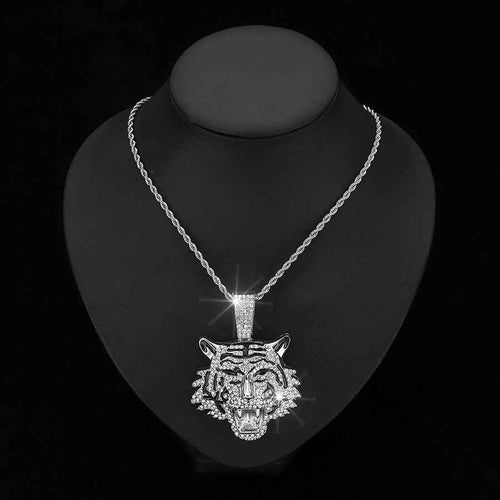 Full Diamond Tiger Pendant Necklace for Men – 3D Alloy Cuban Chain Hip Hop Jewelry