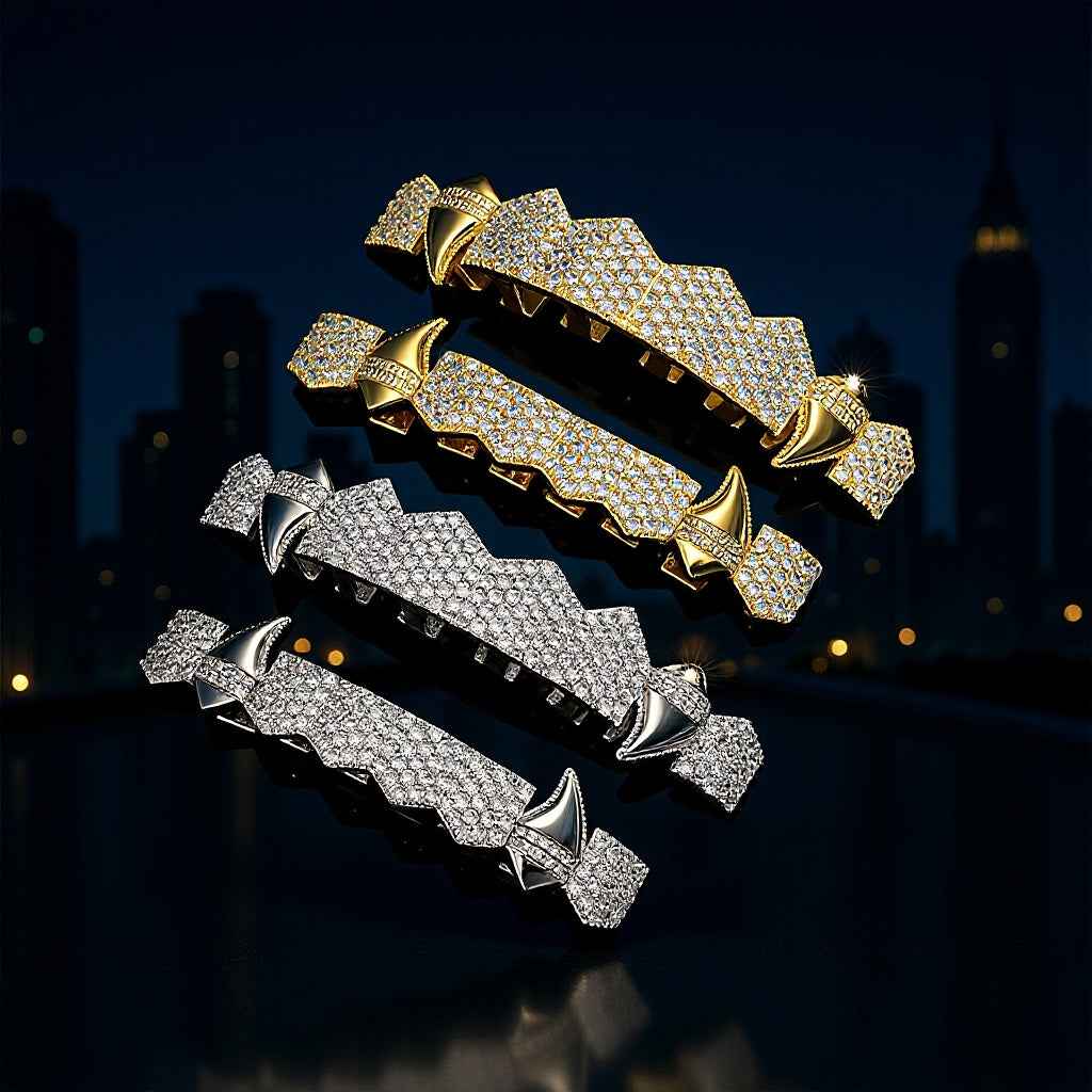 Hip Hop Vampire Fang Grillz – Full Rhinestone Copper-Plated Zircon Dental Jewelry
